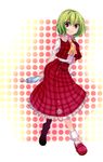  arms_behind_back ascot bobby_socks closed_umbrella green_hair hanasaki_mahiru highres kazami_yuuka plaid plaid_skirt plaid_vest polka_dot polka_dot_background red_eyes skirt skirt_set smile socks solo touhou umbrella vest walking 