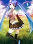  aqua_eyes aqua_hair bad_id bad_pixiv_id blush bug butterfly detached_sleeves hatsune_miku headphones headset highres insect long_hair minami_haruya necktie rainbow skirt smile solo thighhighs twintails very_long_hair vocaloid zettai_ryouiki 