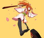  bad_id bad_pixiv_id black_legwear blush_stickers detached_sleeves feet grin japanese_clothes orange_eyes orange_hair original pantyhose perspective petals ponytail shoe_loss shoes shoes_removed single_shoe smile solo sword weapon wide_sleeves yaza yellow_background 