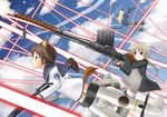  animal_ears battle beam blonde_hair blue_eyes braid bren_gun brown_eyes brown_hair casing_ejection cloud day drum_magazine firing flying from_behind gun hajime_monji holding holding_gun holding_weapon huge_weapon lahti_l39 long_hair lynette_bishop machine_gun miyafuji_yoshika multiple_girls muzzle_flash panties pantyhose perrine_h_clostermann profile school_uniform shell_casing short_hair sky strike_witches striker_unit tail underwear weapon world_witches_series 