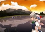  bat_wings carrying cirno daiyousei dusk highres izayoi_sakuya lake meneru mountain multiple_girls piggyback pyonta remilia_scarlet tears touhou wings 