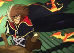  70s 80s arcadia bleeding blood brown_hair cape cuts energy_gun eyepatch fire flame gloves gun hair_over_one_eye handgun harlock harlock_saga highres injury jolly_roger kujira_gunsou looking_up male_focus md5_mismatch oldschool pistol ray_gun scar science_fiction ship's_wheel skull_and_crossbones solo space_pirate spacecraft_interior uchuu_kaizoku_captain_harlock weapon wind 