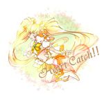  &gt;_&lt; blonde_hair boots bow closed_eyes copyright_name cure_sunshine hair_ornament heartcatch_precure! knee_boots long_hair magical_girl midriff myoudouin_itsuki navel one_eye_closed orange_eyes orange_skirt potpourri_(heartcatch_precure!) precure shirakawa_(whitemist) skirt text_focus twintails very_long_hair yellow yellow_background yellow_bow 