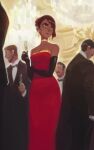  1girl alcohol ballroom black_gloves breasts brown_hair carmen_sandiego carmen_sandiego_(series) champagne cup dark_skin dress earrings feason gloves highres holding jewelry off-shoulder_dress off_shoulder red_dress 