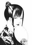  copyright_request fan greyscale japanese_clothes monochrome paper_fan solo sousou_(sousouworks) uchiwa upper_body 