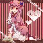  ao_ringo bespectacled book bow capelet character_name glasses hair_bow hat heart kneeling long_hair magic_circle open_mouth patchouli_knowledge pentagram pince-nez purple_eyes purple_hair smile socks solo touhou white_legwear 