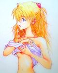  amaoto bangs bare_shoulders blue_eyes breasts collarbone hair_over_one_eye long_hair lowres navel neon_genesis_evangelion open_mouth orange_hair rebuild_of_evangelion shikinami_asuka_langley sketch small_breasts solo souryuu_asuka_langley traditional_media underboob undressing 