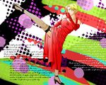  blonde_hair blue_eyes breasts cleavage dress earrings elicca fishnets formal garters high_heels high_kick jewelry kicking king_(snk) large_breasts necklace red_dress ryuuko_no_ken shoes short_hair solo the_king_of_fighters writing 
