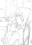  amano_tooko book bow braid bungaku_shoujo greyscale highres kneehighs lineart long_hair monochrome neko_tani ribbon school_uniform serafuku sitting socks solo twin_braids twintails 