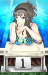  alternate_hairstyle amagami bad_id bad_pixiv_id between_breasts bikini black_eyes black_hair breast_rest breasts cleavage hairband large_breasts long_hair morishima_haruka pool solo starting_block swimsuit water yottsuu 