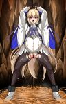  1girl absurdres aesc_(fate) aesc_(savior)_(fate) ahoge aqua_eyes armor bar_censor black_gloves black_pantyhose blonde_hair blue_eyes bow breastplate censored chain chained commentary_request commission commissioner_upload dress fate/grand_order fate_(series) gloves hay high_heels highres large_variant_set long_hair non-web_source open_mouth pantyhose pregnant pussy_juice restrained rope solo textless_version torn torn_clothes torn_pantyhose variant_set white_dress yagami_(mukage) 