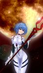  ayanami_rei bad_id bad_pixiv_id blue_hair bodysuit highres k2 lance_of_longinus moon neon_genesis_evangelion planet plugsuit polearm red_eyes short_hair solo spear thigh_gap weapon white_bodysuit 