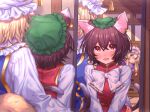 2_tails animal_humanoid asian_mythology blonde_hair blush bonnet bottomwear bow_tie brown_ears brown_hair canid canid_humanoid canine canine_humanoid cat_humanoid chen_(touhou) clothing dipstick_ears drawer ear_markings ear_piercing ear_ring east_asian_mythology felid felid_humanoid feline feline_humanoid female fox_humanoid group hair headgear headwear hi_res human humanoid japanese_mythology looking_at_mirror looking_at_object mammal mammal_humanoid masanaga_(tsukasa) mirror mirror_reflection mobcap multi_tail multicolored_ears mythology nekomata nervous open_mouth piercing purple_eyes ran_yakumo red_bottomwear red_clothing red_eyes red_skirt red_topwear red_vest reflection ring_piercing shirt short_hair skirt tail topwear touhou trio vest white_clothing white_ear_tips white_shirt white_topwear yokai yukari_yakumo