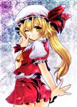  bad_id bad_pixiv_id blonde_hair finger_gun flandre_scarlet fragran0live hands hat long_hair looking_back one_eye_closed outstretched_arm outstretched_hand ribbon short_hair side_ponytail solo touhou yellow_eyes 