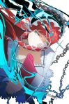  1girl abstract absurdres axe black_leggings blunt_bangs chain collar detached_collar dress esuke9 feet_out_of_frame frilled_collar frilled_dress frilled_hairband frills from_above frown hair_ribbon hairband highres hime_cut holding holding_axe holding_weapon leggings long_hair object_through_head persona persona_3 red_hair ribbon sidelocks signature simple_background square_neckline unamused weapon white_background white_ribbon yellow_eyes yoshino_chidori 