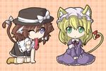  :&lt; animal_ears blonde_hair brown_hair cat_ears cat_tail chibi fushigi_ebi green_eyes hat kemonomimi_mode maribel_hearn mouth_hold multiple_girls necktie one_eye_closed paw_pose purple_eyes tail touhou usami_renko 