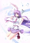  animal_ears beamed_sixteenth_notes bunny_ears eighth_note eighth_rest flat_sign half_note headphones highres jumping kuga_(rinkane) listening_to_music long_hair musical_note necktie pink_eyes pink_neckwear pointing purple_hair quarter_note reisen_udongein_inaba sharp_sign solo staff_(music) touhou treble_clef very_long_hair whole_note 