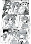  =_= animal_ears blush chain collar comic frog greyscale hairband highres kawashiro_nitori kochiya_sanae komeiji_satori leaf makino_(ukiuo) monochrome moriya_suwako multiple_girls o_o pyonta touhou translated two_side_up yasaka_kanako 