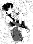  1boy 1girl armor belt bloomers blunt_ends blush bodysuit bow bridal_gauntlets choppy_bangs closed_eyes clothing_cutout couple eyelashes fingernails flower genshin_impact greyscale hakama hakama_shorts hand_on_another's_ass hand_on_another's_head hand_on_another's_waist head_on_pillow hetero highres hip_vent japanese_armor japanese_clothes kote light_blush lumine_(genshin_impact) mandarin_collar middle_ring midriff_peek monochrome open_hand parted_bangs parted_lips pillow pleated_shorts rope sash scaramouche_(genshin_impact) shared_bed shirt short_hair short_hair_with_long_locks shorts sidelocks sleeping sleeveless sleeveless_bodysuit sleeveless_shirt smile snow20200 strapless strapless_shirt twitter_username wanderer_(genshin_impact) watermark 