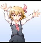  blonde_hair blush hair_ribbon messy_hair nekotama_shun open_mouth outstretched_arms red_eyes ribbon rumia short_hair simple_background solo spread_arms touhou 