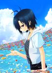  bad_id bad_pixiv_id black_eyes black_hair casual chika_(orange_pop) hood hoodie idolmaster idolmaster_(classic) idolmaster_2 kikuchi_makoto petals short_hair solo submerged water 