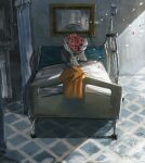  absurdres advarcher bed bouquet crutch curtains flower highres himouto!_umaru-chan hood hospital hospital_bed intravenous_drip iv_stand orange_hood painting_(object) petals privacy_screen sunlight 