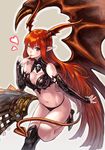  asymmetrical_clothes black_panties breasts cleavage demon_girl demon_tail demon_wings detached_sleeves finger_to_mouth heart horns large_breasts long_hair lord_of_vermilion makimura_shunsuke midriff navel one_eye_closed panties pointy_ears red_eyes red_hair single_wing skull smile solo standing standing_on_one_leg succubus succubus_(lord_of_vermilion) tail underwear very_long_hair wings 