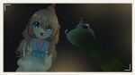 1boy 1girl :d ahoge aqua_bow aqua_bowtie blue_eyes blue_sailor_collar border bow bowtie brown_hair cardigan christmas_tree cross-eyed crossed_arms dark double-parted_bangs film_grain hair_between_eyes hair_ribbon highres kermit_the_frog long_hair long_sleeves looking_at_viewer mini_party_hat neuro-sama puffy_long_sleeves puffy_sleeves red_ribbon ribbon sailor_collar smile star_(symbol) starringnova two_side_up upper_body vedal987 vedal_ai viewfinder yellow_border yellow_cardigan 
