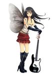  absurdres akiyama_mio bare_shoulders bass_guitar black_hair blue_eyes boots breasts butterfly_wings cleavage corset elbow_gloves fender gloves highres instrument k-on! large_breasts long_hair mouth_hold plaid plaid_skirt pleated_skirt plectrum precision_bass skirt solo wings yue_shu_ya 