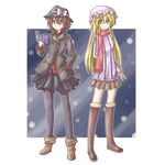  alternate_costume blonde_hair brown_hair fushigi_ebi hat legs long_hair maribel_hearn multiple_girls pantyhose scarf short_hair touhou usami_renko 