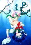  anchor barefoot black_hair chain chained green_eyes hat hat_removed headwear_removed holding holding_hat legs midriff murasa_minamitsu navel parted_lips sailor sailor_collar sailor_hat short_hair shorts soiri_(us) solo touhou underwater upside-down 