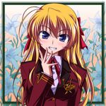  blonde_hair blue_eyes border flower fortune_arterial grin hand_to_own_mouth kikuchi_tsutomu lily_(flower) long_hair ribbon school_uniform sendou_erika smile solo upper_body 