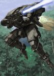  camouflage energy_gun firing flying forest gun highres holding holding_gun holding_weapon mecha nature no_humans original outdoors plasma_rifle robot tyokugekidato weapon woodland_camouflage 