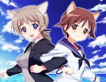  :d ahoge animal_ears blue_eyes braid brown_eyes brown_hair cloud day locked_arms lynette_bishop miyafuji_yoshika multiple_girls necktie ocean open_mouth school_uniform shinashi_(elside) short_hair sky smile strike_witches sweater world_witches_series 