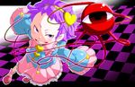  aono3 checkered checkered_floor dress forehead heart komeiji_satori purple_eyes purple_hair solo third_eye touhou 