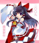  2009 black_eyes black_hair bow detached_sleeves hair_bow hakurei_reimu ribbon sawamura_hikaru solo touhou 