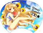  ayuko_(ayuco) bad_id bad_pixiv_id bikini blonde_hair flower food fruit highres holding holding_food holding_fruit legs long_hair open_toe_shoes original popsicle red_eyes shoes solo sunflower swimsuit watermelon 