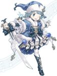  1girl bell blue_boots blue_coat blue_eyes blue_gem blue_hair blue_hat blue_ribbon blush boots bow braid braided_sidelock bubble_skirt christmas christmas_ornaments coat commentary_request forehead_jewel fortissimo full_body fur-trimmed_coat fur-trimmed_headwear fur-trimmed_sleeves fur_trim gem gold_buttons hair_ornament hat hat_ornament highres holding holding_sword holding_weapon holly holly_hat_ornament layered_sleeves looking_at_viewer mahou_shoujo_madoka_magica mahou_shoujo_madoka_magica_magia_exedra miki_sayaka miki_sayaka_(buon_natale_grazioso) musical_note musical_note_hair_ornament musical_staff octagram official_alternate_costume one_eye_closed open_mouth pantyhose ribbon santa_hat shirako_(kirupi) short_hair single_braid skirt smile solo soul_gem star_(symbol) striped_clothes striped_skirt sword treble_clef two-tone_skirt vertical-striped_clothes vertical-striped_skirt waist_bow weapon white_background white_pantyhose white_skirt 