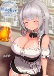  1girl alcohol apron bare_shoulders beer beer_mug bikini_tan black_bow black_bowtie blunt_bangs blurry blurry_background blush bow bowtie breasts cleavage closed_eyes closed_mouth cup detached_collar detached_sleeves dirndl dress english_text flower frilled_apron frills german_clothes grey_hair hair_flower hair_ornament highres holding holding_cup hololive huge_breasts indoors large_breasts long_hair mug official_alternate_costume official_alternate_hair_length official_alternate_hairstyle reiwa_rerere shirogane_noel shirogane_noel_(dirndl) short_sleeves sitting smile solo tan tanlines thighhighs very_long_hair virtual_youtuber waist_apron white_apron white_thighhighs 