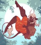 2025 anthro black_nose breasts brown_body brown_fur digital_media_(artwork) female floating frowning_at_viewer fur green_eyes hair hand_on_leg hi_res hooves horn light_hair long_hair long_nails mammal multicolored_body nude one_leg_up orange_body orange_fur plant ponytail pose raised_foot raised_leg solo striped_body striped_fur stripes tail two_tone_body unknown_species xealacanth