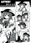  4koma :d =_= blush closed_eyes collar comic dog_collar food frills fruit greyscale hat highres hinanawi_tenshi japanese_clothes makino_(ukiuo) monochrome multiple_girls nagae_iku open_mouth peach sheath smile sword sword_of_hisou touhou translated weapon 