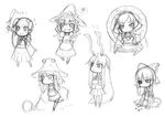  6+girls :&lt; :3 chibi greyscale hakurei_reimu jon_henry_nam kirisame_marisa kochiya_sanae monochrome moriya_suwako multiple_girls mushroom reisen_udongein_inaba sketch thighhighs touhou traditional_media yasaka_kanako 