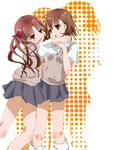  bad_id bad_pixiv_id brown_eyes brown_hair hug long_hair misaka_mikoto multiple_girls school_uniform shirai_kuroko short_hair sweater_vest to_aru_kagaku_no_railgun to_aru_majutsu_no_index yoshikonbu 