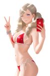  1girl bare_shoulders bikini blonde_hair blue_eyes bracelet breasts closed_mouth commentary commission cowboy_shot english_commentary from_side gold_necklace gold_ring hands_up highres holding holding_phone jack_frost_(megami_tensei) jewelry long_hair looking_at_viewer medium_breasts mikan_zakuro mirror_selfie nail_polish navel necklace one_eye_closed persona persona_5 phone pink_nails red_bikini selfie side-tie_bikini_bottom sideboob simple_background smile solo stomach swimsuit takamaki_anne twintails v white_background 