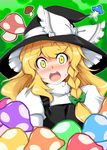  blonde_hair blush braid cocked_eyebrow hat kirisame_marisa long_hair mushroom new_super_marisa_land open_mouth round_teeth solo surprised sweatdrop tajima_yuuki teeth touhou witch_hat yellow_eyes 