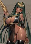  1girl ancient_egyptian black_thighhighs braid breasts commission copyright_request dark-skinned_female dark_skin gold_bracer green_eyes green_hair hieroglyphics highres holding long_hair looking_at_viewer mole mole_under_mouth navel rahato see-through_clothes skeb_commission solo thighhighs usekh_collar 