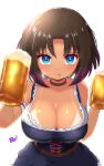  1girl :q alcohol beer beer_mug bikini_tan blue_eyes blush breasts brown_hair choker cleavage cup dirndl dress elma_(maidragon) german_clothes gradient_hair highres holding holding_cup kobayashi-san_chi_no_maidragon large_breasts looking_at_viewer mug multicolored_hair reiwa_rerere short_hair simple_background smile solo tan tanlines tongue tongue_out white_background 