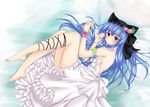  bad_id bad_pixiv_id barefoot blue_hair dress feet food fruit hat hinanawi_tenshi long_hair long_legs nekokotei peach red_eyes solo touhou 