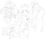  1girl absurdres adjusting_eyewear ass asymmetrical_dual_wielding bare_arms barefoot belt_buckle belt_pouch blush blush_stickers buckle buttons clipboard closed_mouth cropped_legs cross cuffs dot_nose dress dress_shirt dual_wielding expressionless feet flipped_hair from_above from_below from_side full_body glasses hair_flaps hand_up handcuffs hands_on_own_knees hat heel_up highres holding holding_clipboard holding_handcuffs holding_sign holding_syringe jacket kneepits leaning_forward leggings lineart long_hair long_sleeves looking_at_viewer monogatari_(series) multiple_views name_tag necktie nurse nurse_cap on_one_knee oshino_shinobu pencil_skirt pointy_ears police police_hat police_uniform policewoman pouch raised_eyebrow shirt shishirui_san short_sleeves sign simple_background skirt sports_bra straight-on syringe thighhighs tie_clip turtleneck turtleneck_dress two-handed uneven_eyes upper_body very_long_hair walkie-talkie white_background 