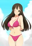  bikini black_hair breasts cleavage cloud curvy day front-tie_top green_eyes kuriyama_kuriotoko large_breasts long_hair navel one_eye_closed original smile solo swimsuit 